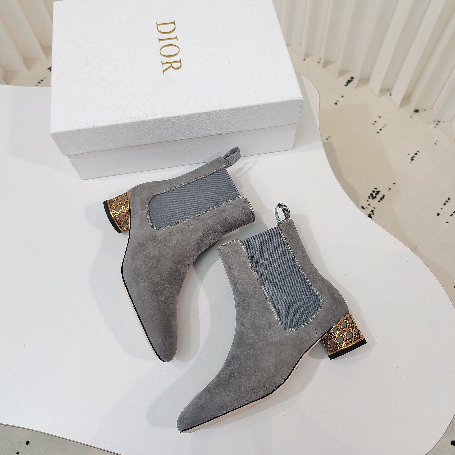 Dior Icon Grey Suede Ankle Boots with Gold Cage Heels