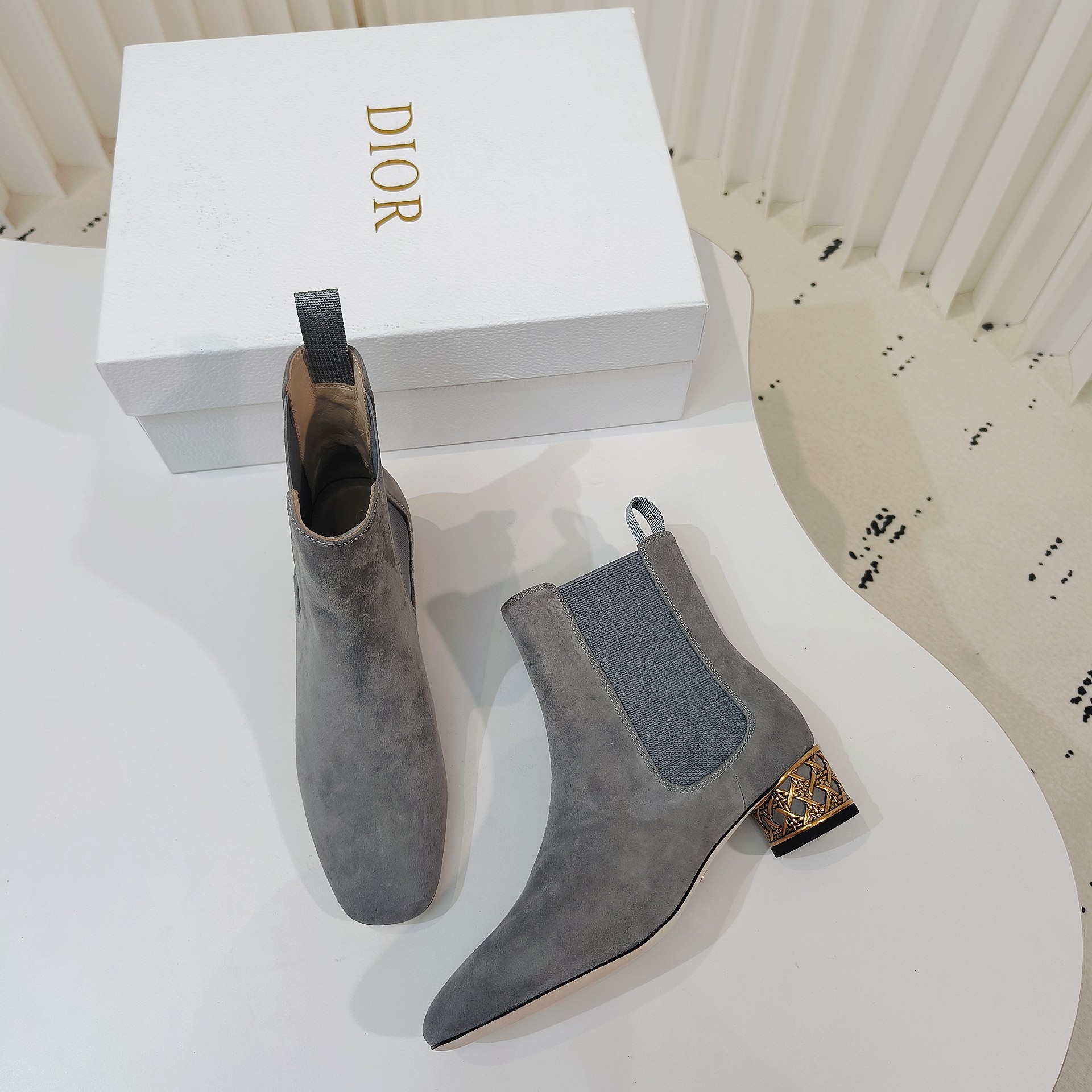 Dior Icon Grey Suede Ankle Boots with Gold Cage Heels - Image 8