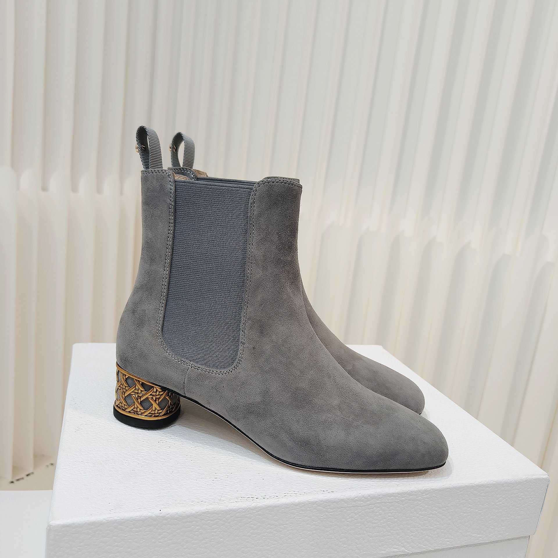 Dior Icon Grey Suede Ankle Boots with Gold Cage Heels - Image 9