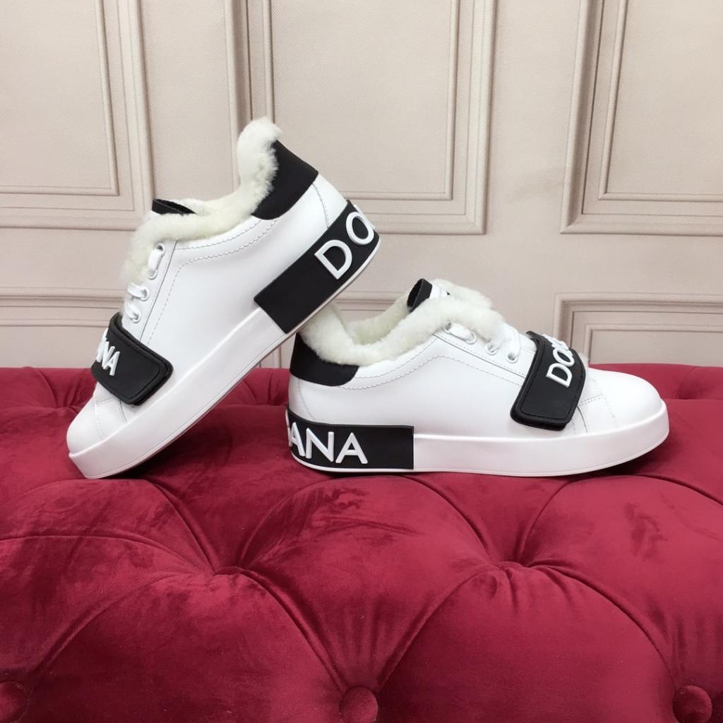 Dolce & Gabbana DG White and Black Sneakers with White fur