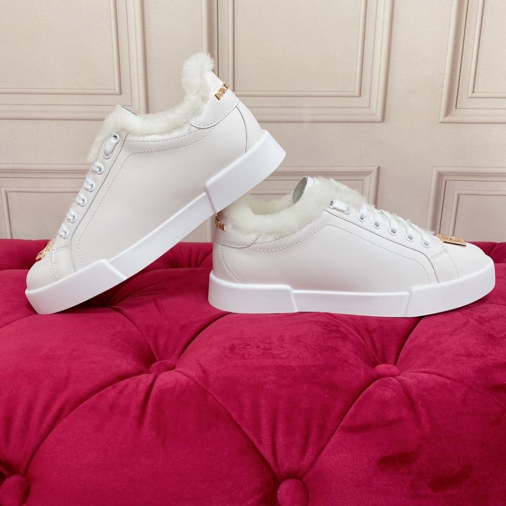 Dolce & Gabbana women's white leather sneakers with white fur