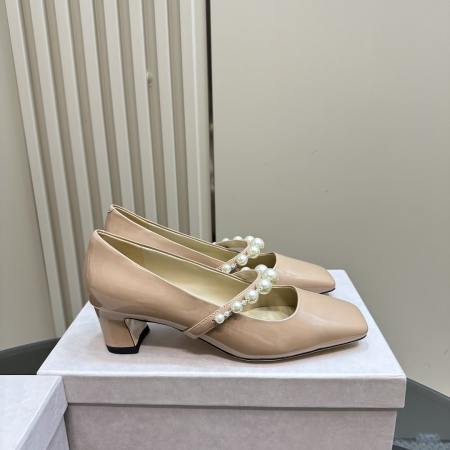 Jimmy Choo Beige Patent Leather Pumps with Pearls