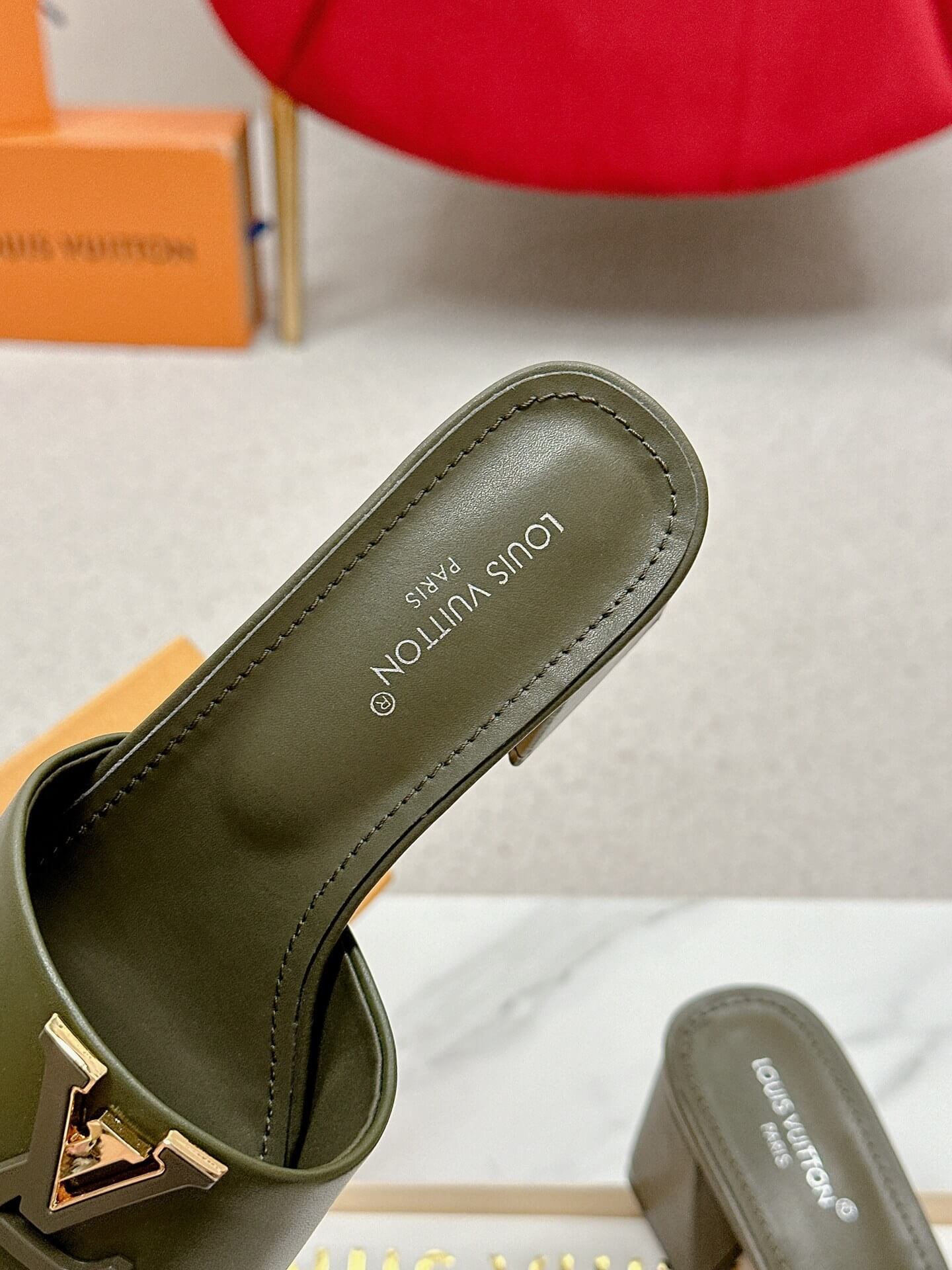 LV Capri Mules – Olive Green Leather Block Heel - Image 7