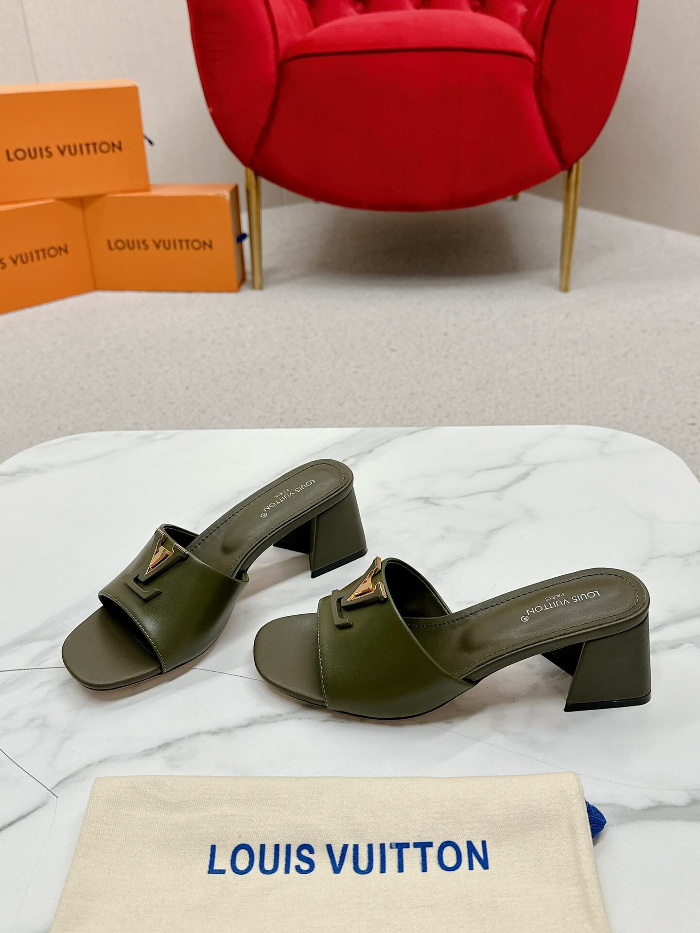 LV Capri Mules – Olive Green Leather Block Heel - Image 6