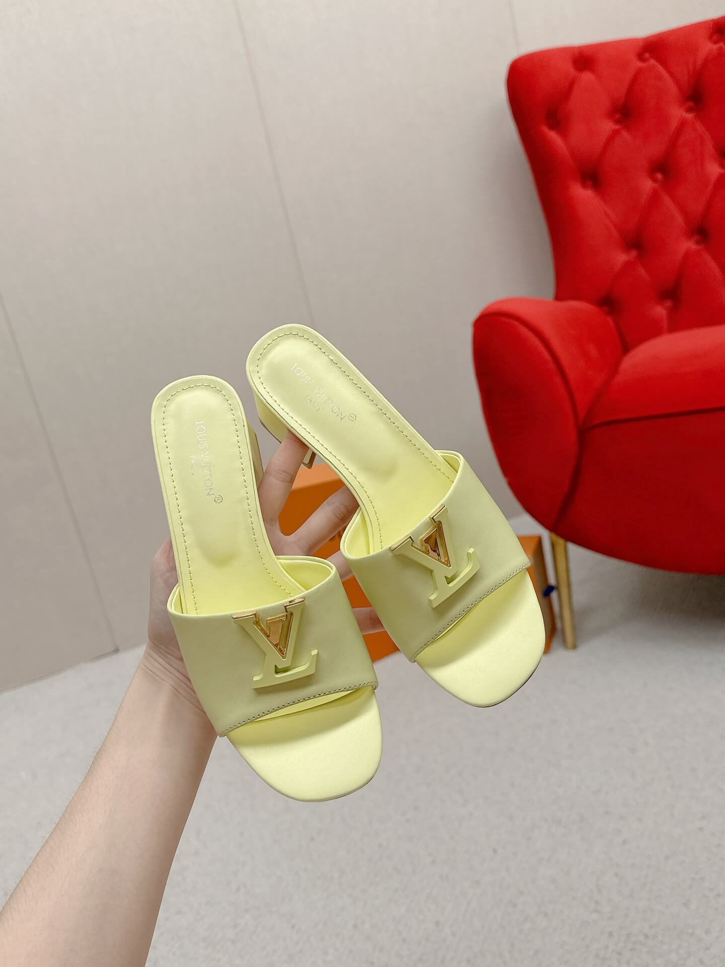 LV Capri Mules – Yellow Leather Block Heel - Image 7