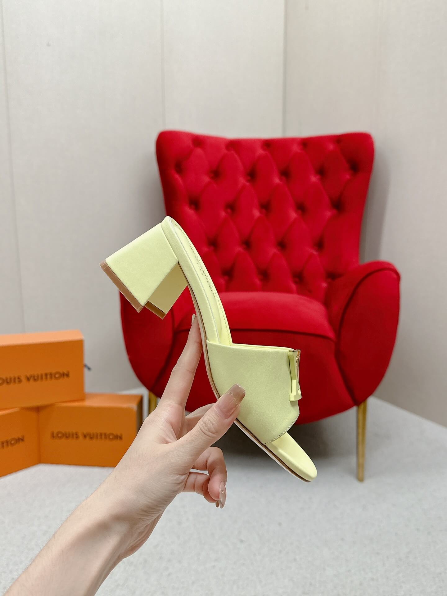 LV Capri Mules – Yellow Leather Block Heel - Image 5