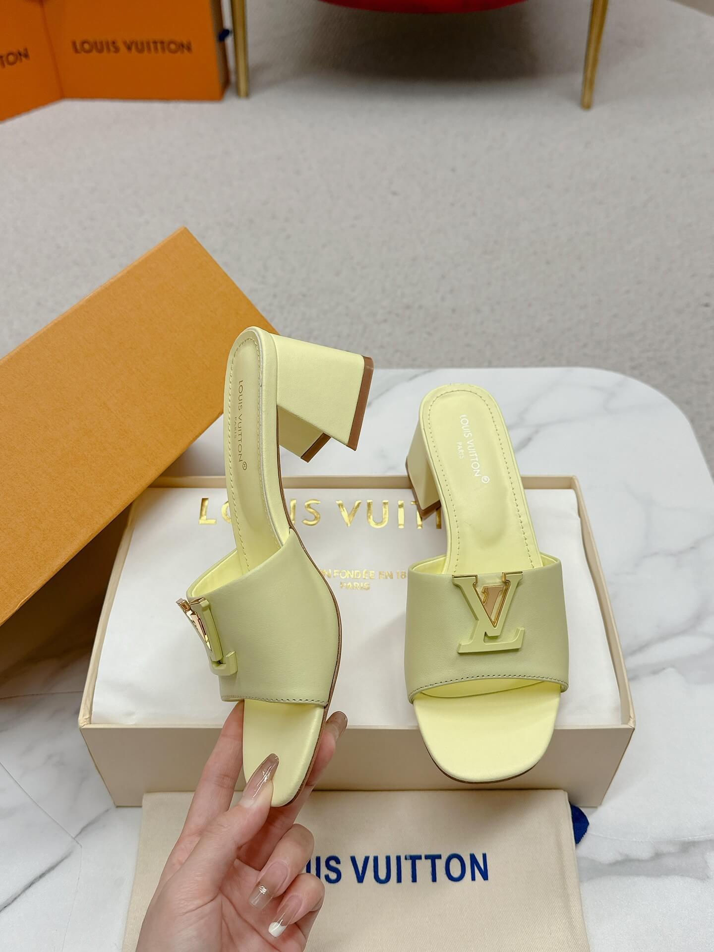 LV Capri Mules – Yellow Leather Block Heel - Image 4