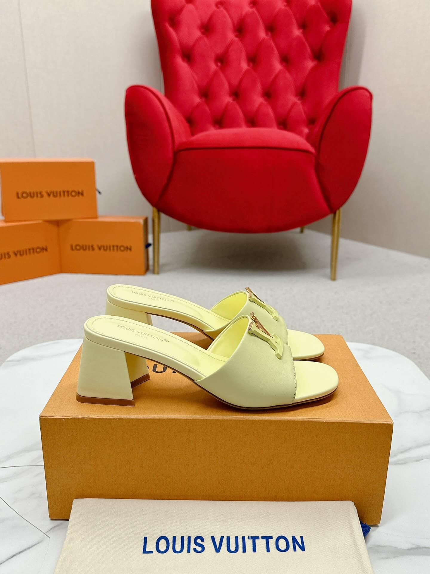 LV Capri Mules – Yellow Leather Block Heel - Image 3