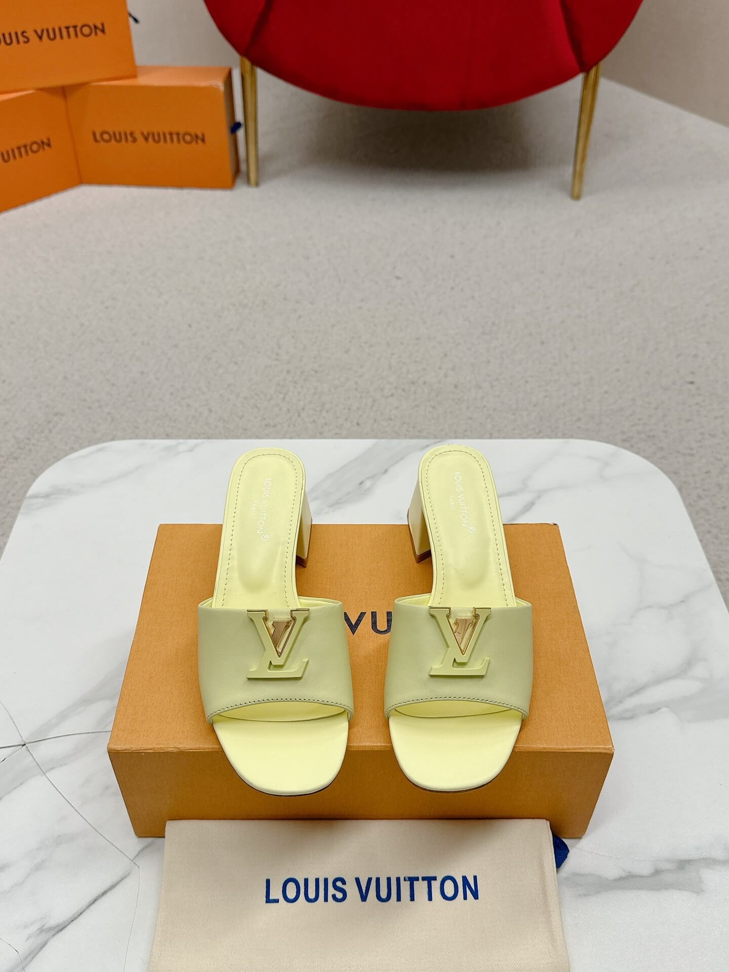LV Capri Mules – Yellow Leather Block Heel - Image 2