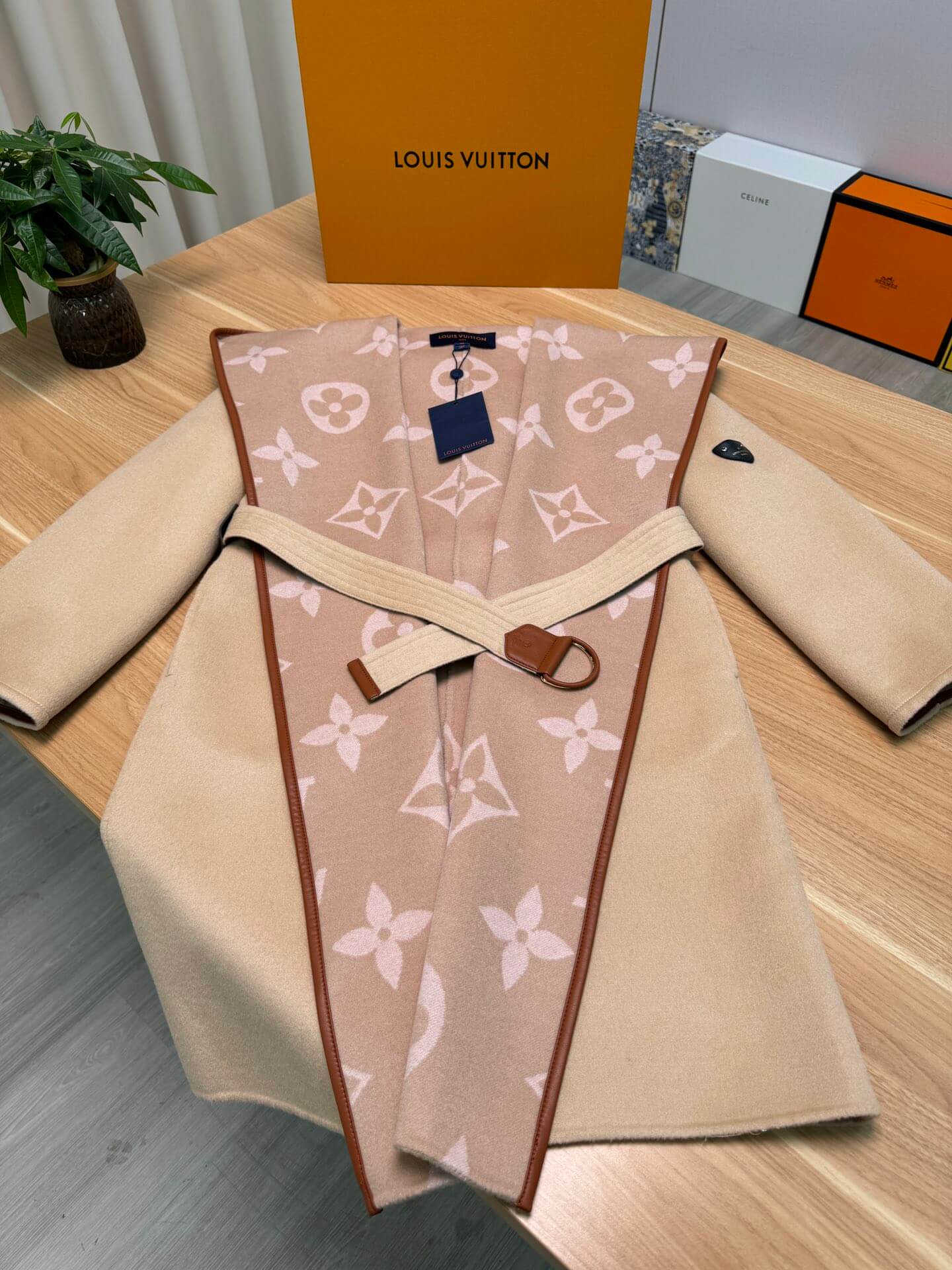 Louis Vuitton Beige & Pink Monogram Wool Wrap Coat - Image 8