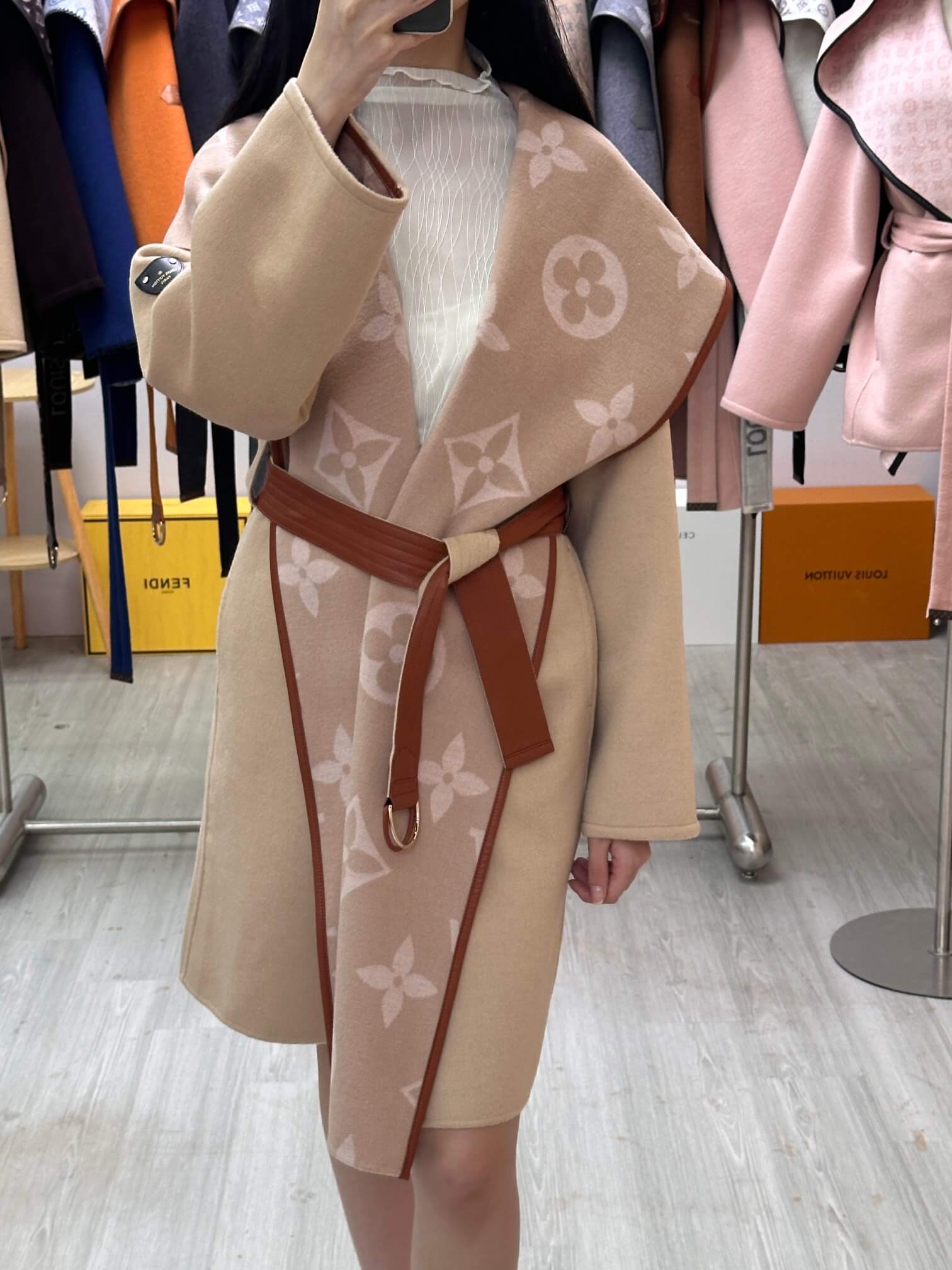 Louis Vuitton Beige & Pink Monogram Wool Wrap Coat - Image 4