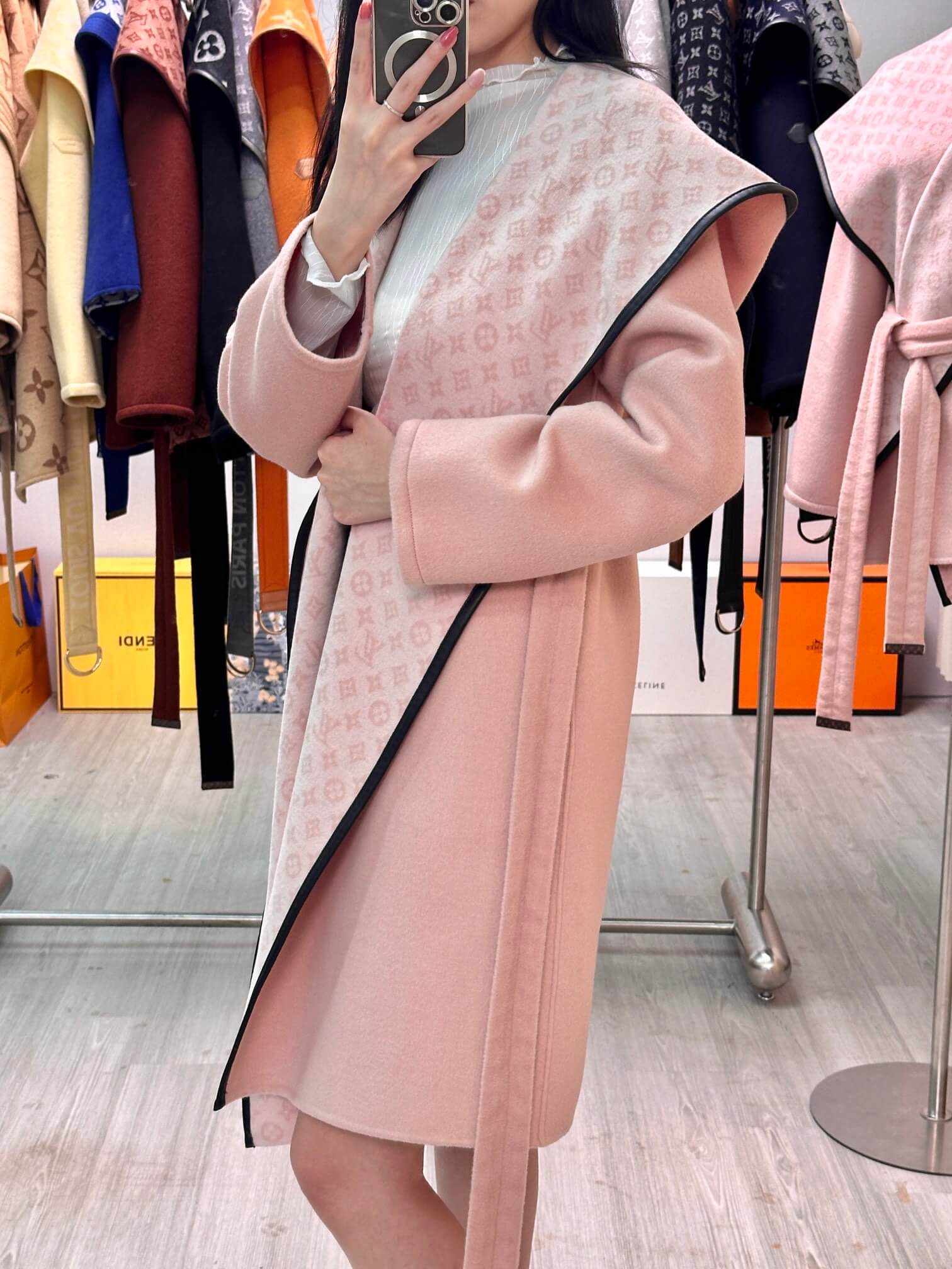 Louis Vuitton Double Face Monogram Hooded Wrap Coat in Light Pink - Image 6