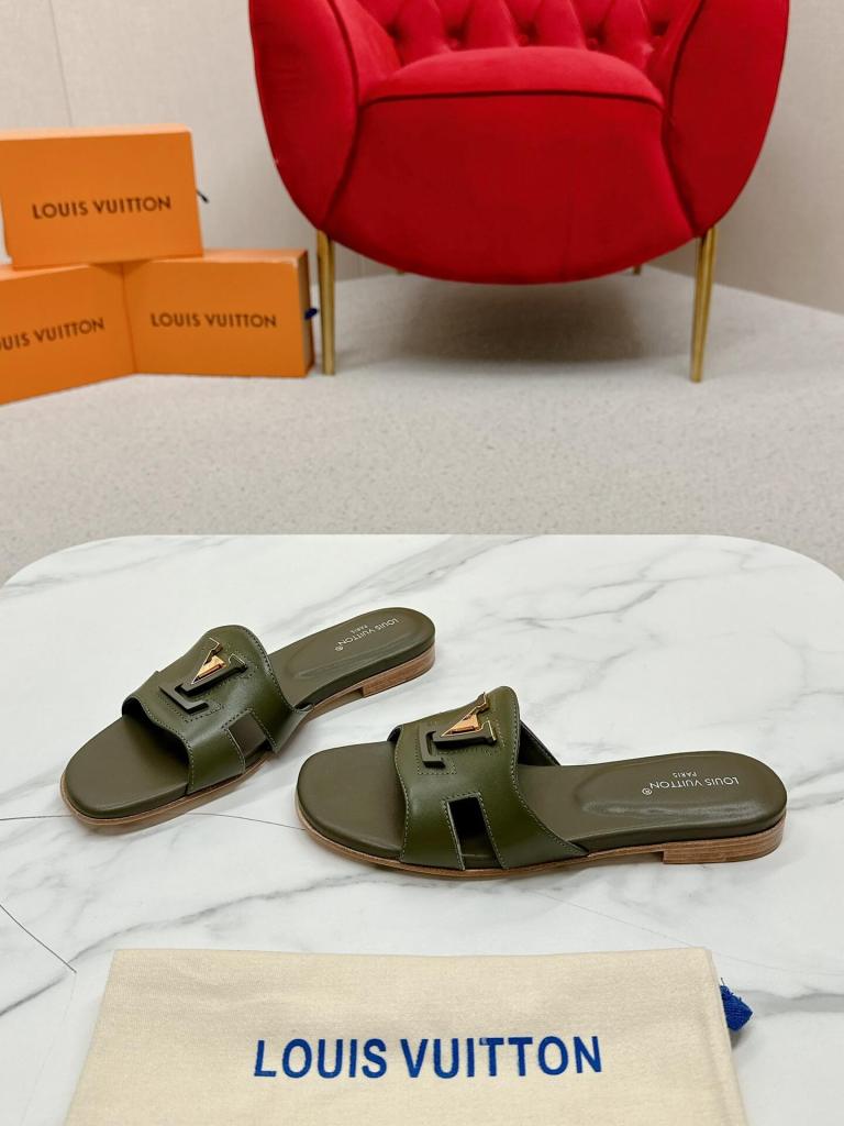 Louis Vuitton LV Capri Flat Mules – Olive Green Leather