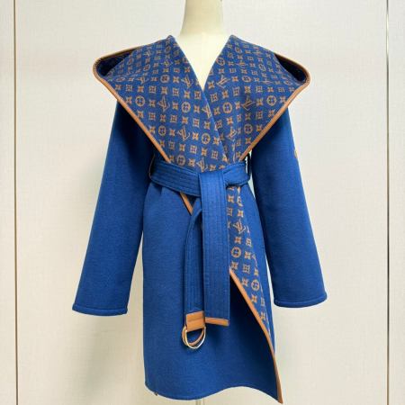 Louis Vuitton Monogram Double-Face Belted Wool Hooded Wrap Coat in Royal Blue & Brown