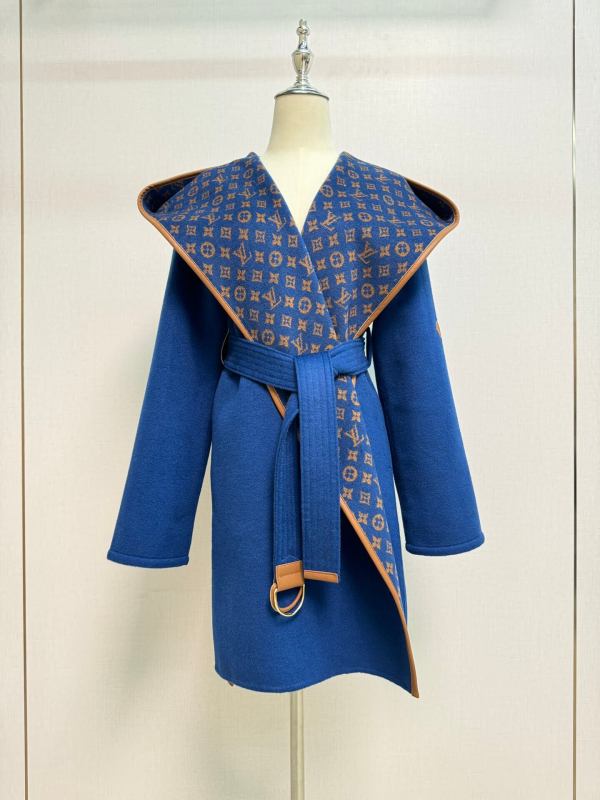 Louis Vuitton Monogram Double-Face Belted Wool Hooded Wrap Coat in Royal Blue & Brown