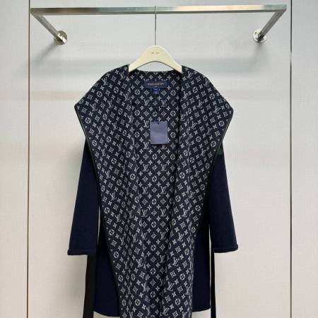 Louis Vuitton Monogram Jacquard Belted Wrap Coat – Navy Blue