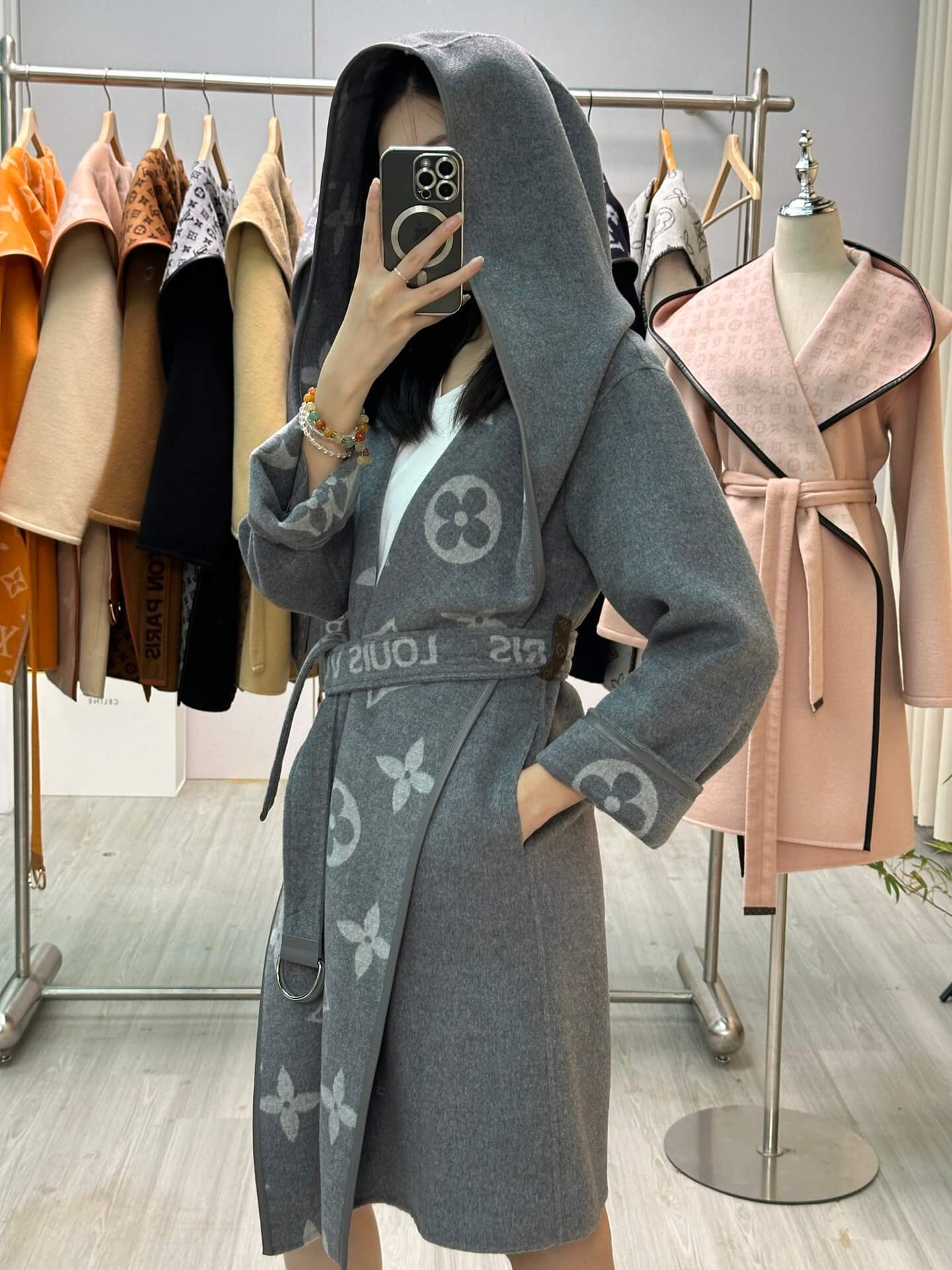 Louis Vuitton Monogram Wool Belted Wrap Coat in grey - Image 14