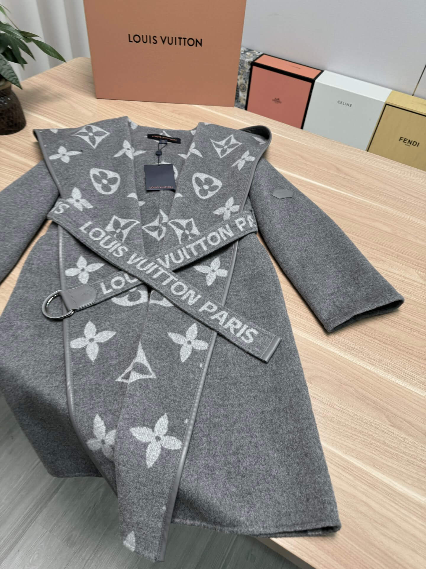 Louis Vuitton Monogram Wool Belted Wrap Coat in grey - Image 5