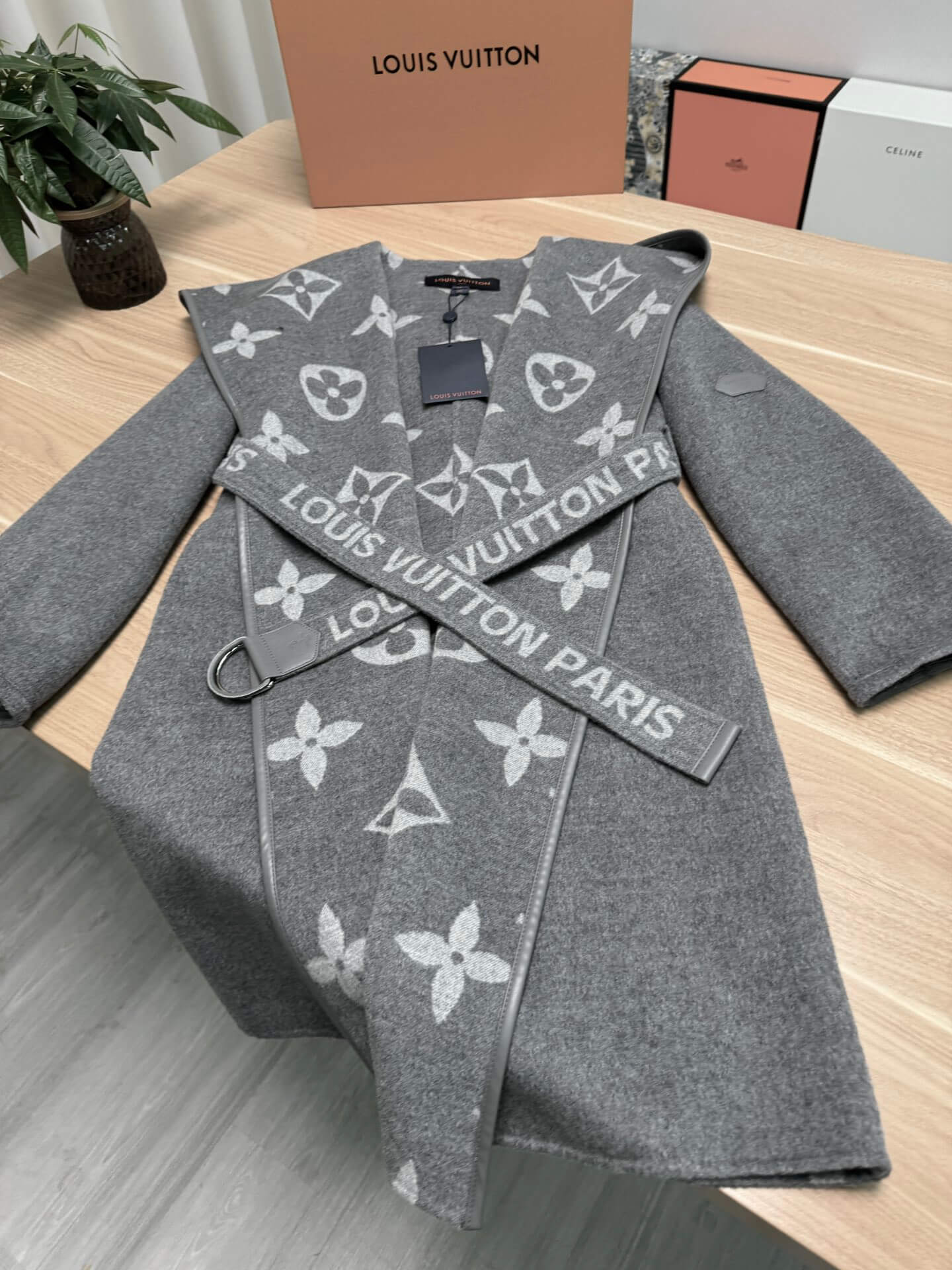 Louis Vuitton Monogram Wool Belted Wrap Coat in grey - Image 4