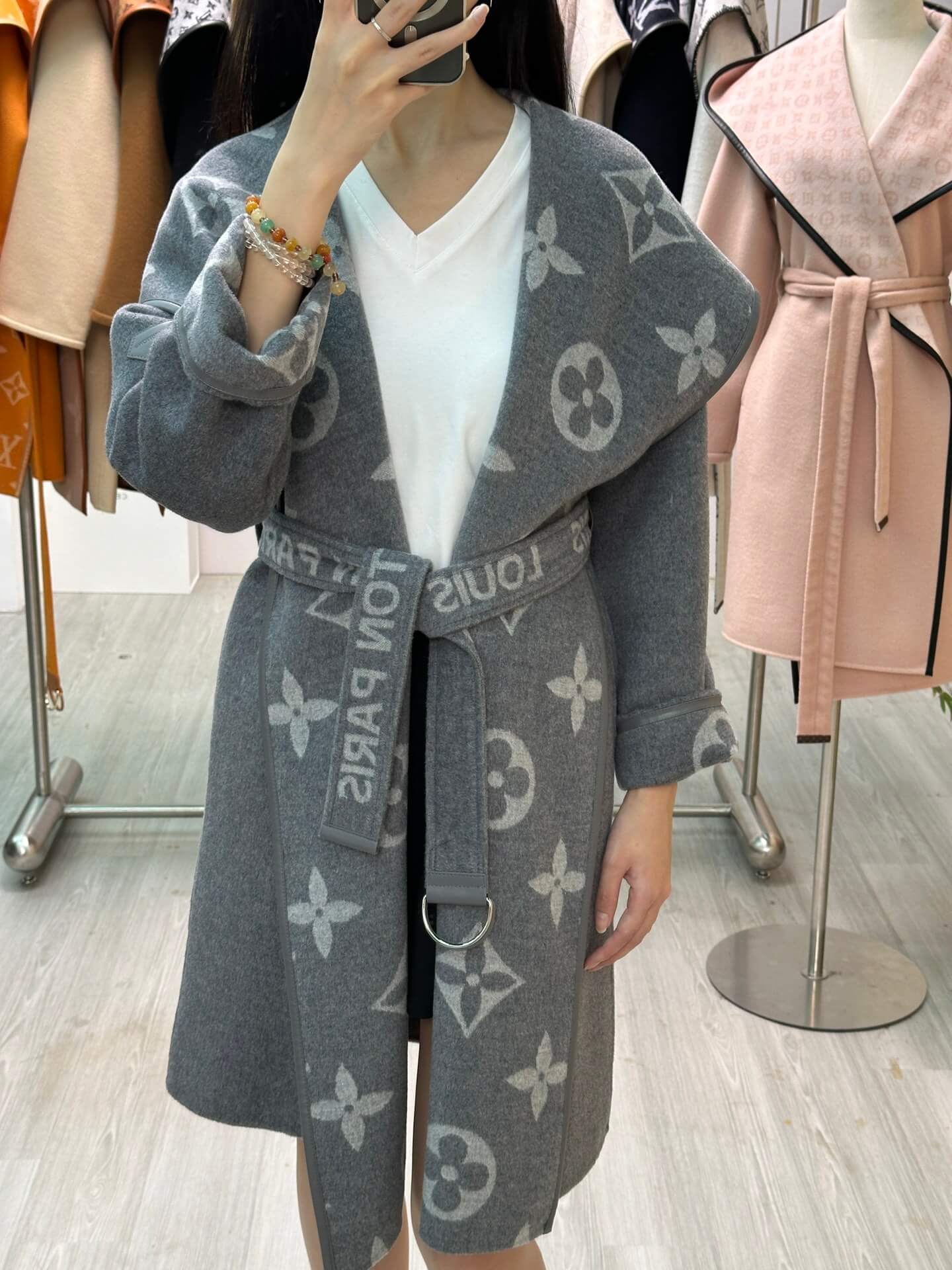 Louis Vuitton Monogram Wool Belted Wrap Coat in grey - Image 12