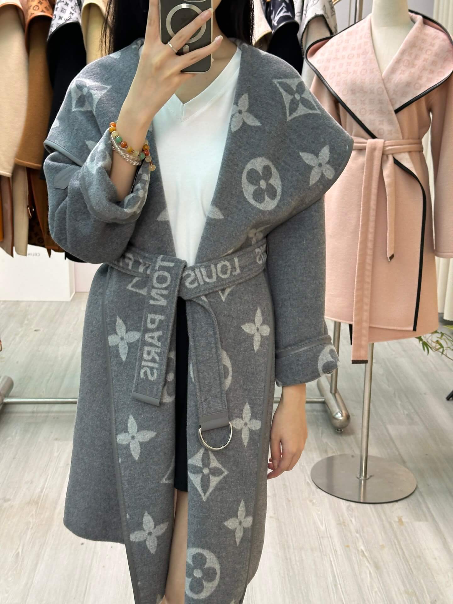 Louis Vuitton Monogram Wool Belted Wrap Coat in grey - Image 11
