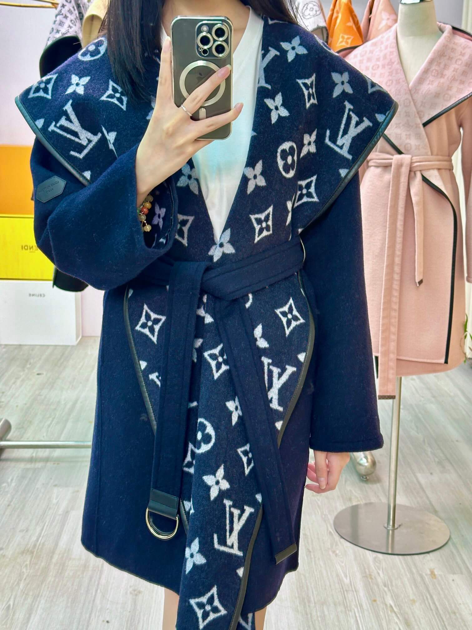 Louis Vuitton Signature Double Face Monogram Belted Wool Wrap Coat in Navy Blue - Image 14