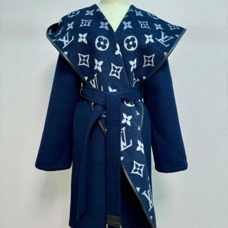 Louis Vuitton Signature Double Face Monogram Belted Wool Wrap Coat in Navy Blue