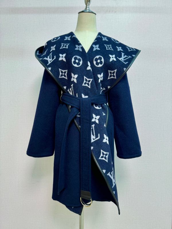 Louis Vuitton Signature Double Face Monogram Belted Wool Wrap Coat in Navy Blue