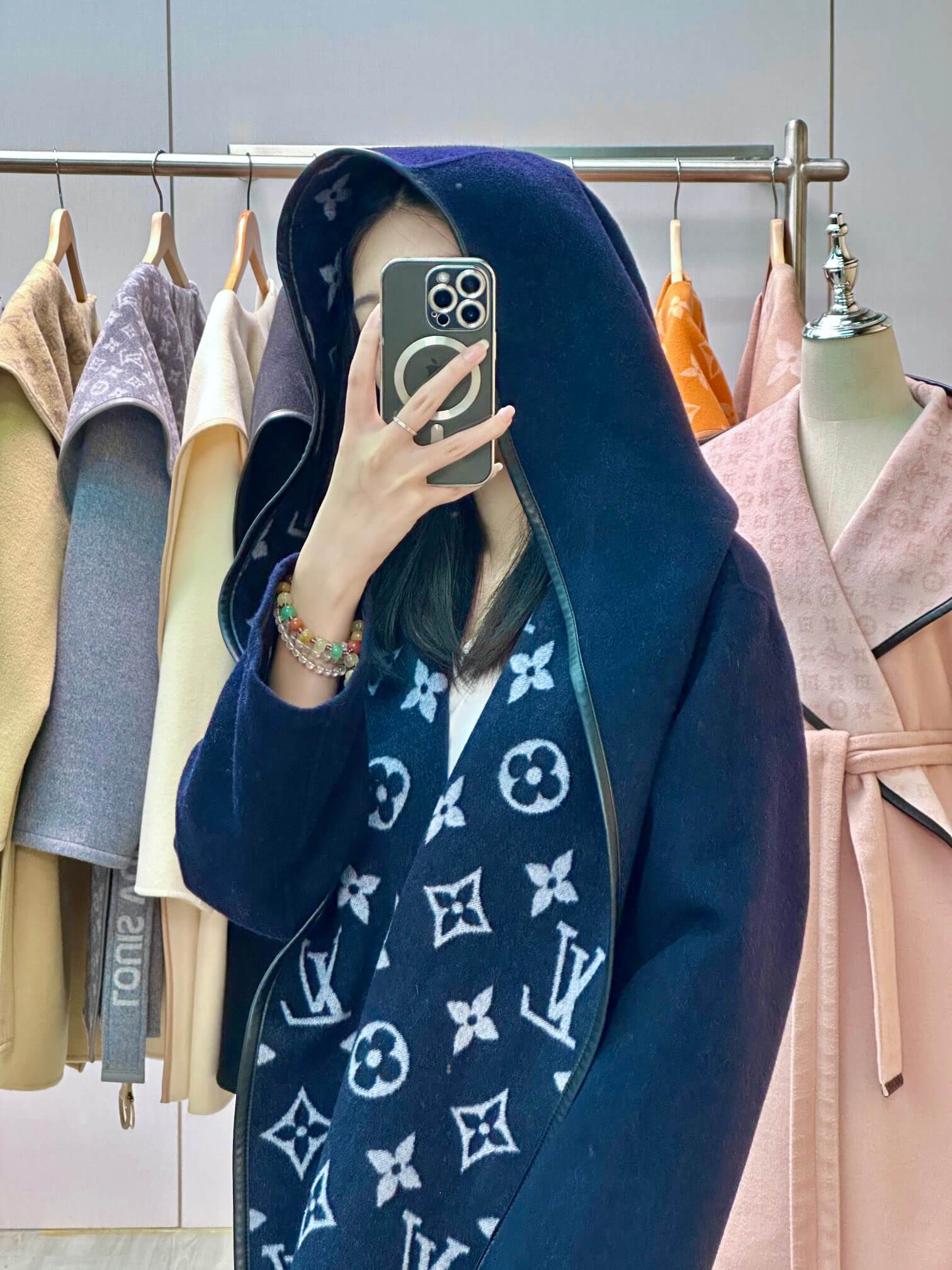 Louis Vuitton Signature Double Face Monogram Belted Wool Wrap Coat in Navy Blue - Image 11