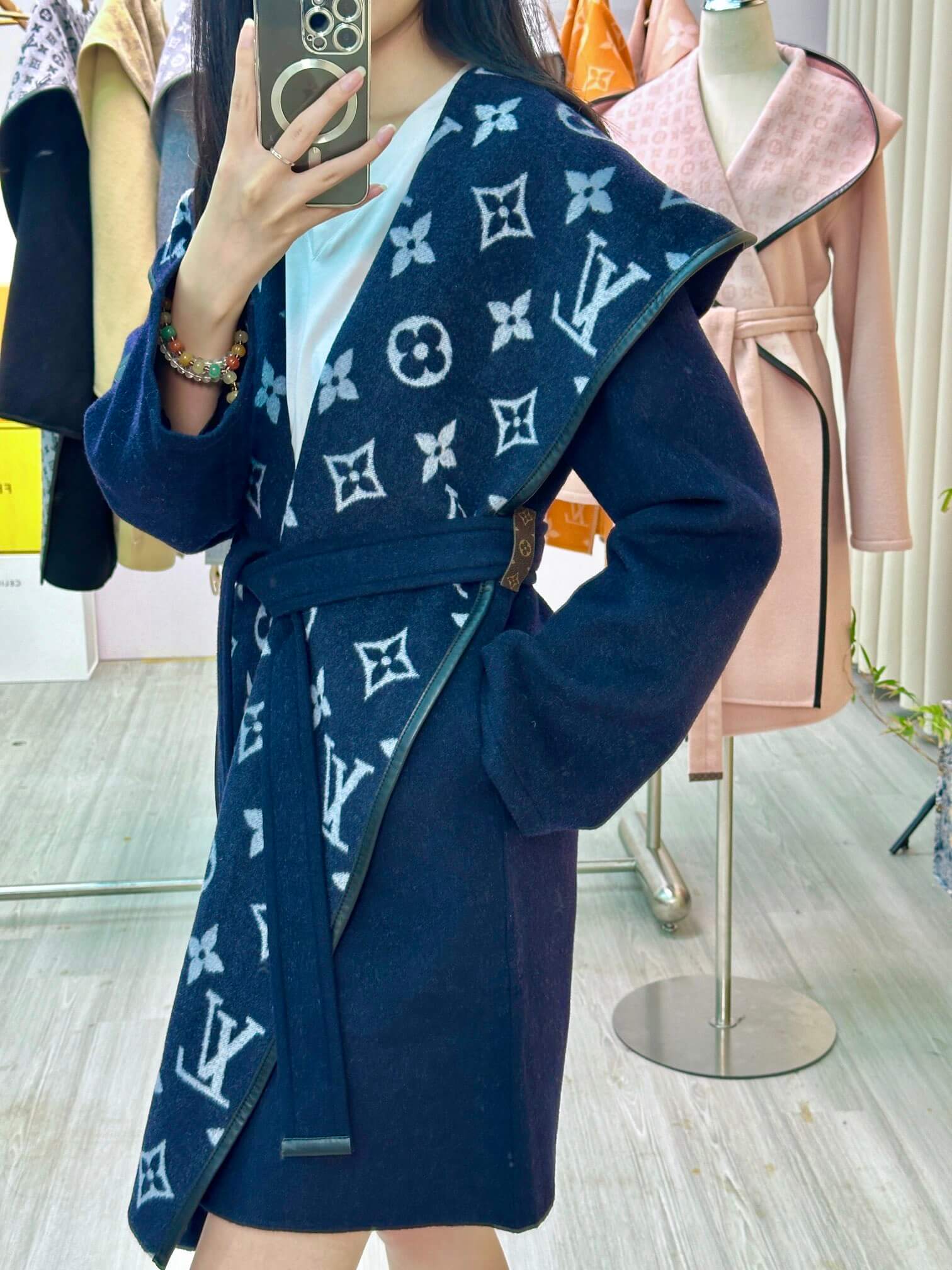Louis Vuitton Signature Double Face Monogram Belted Wool Wrap Coat in Navy Blue - Image 10