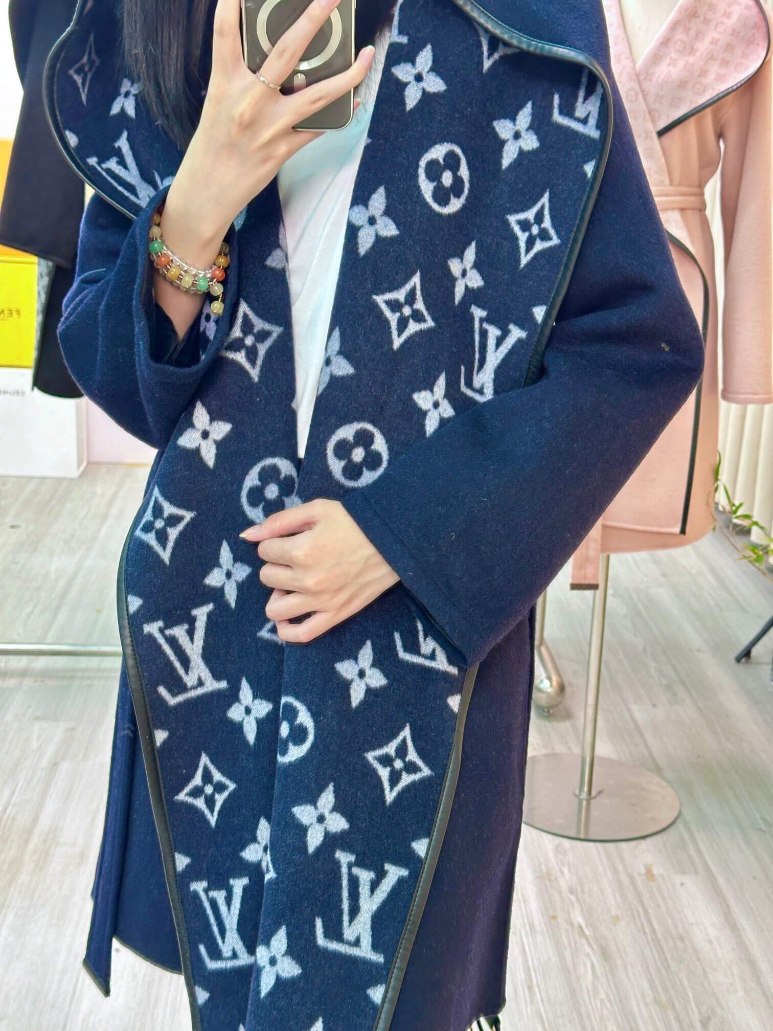 Louis Vuitton Signature Double Face Monogram Belted Wool Wrap Coat in Navy Blue - Image 8