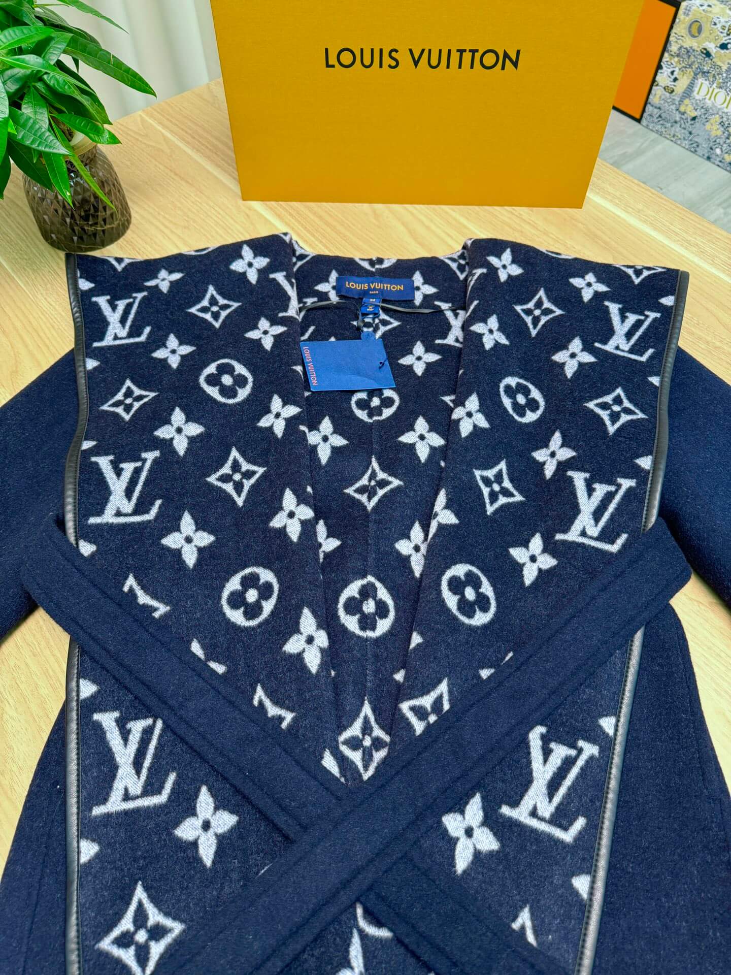 Louis Vuitton Signature Double Face Monogram Belted Wool Wrap Coat in Navy Blue - Image 4