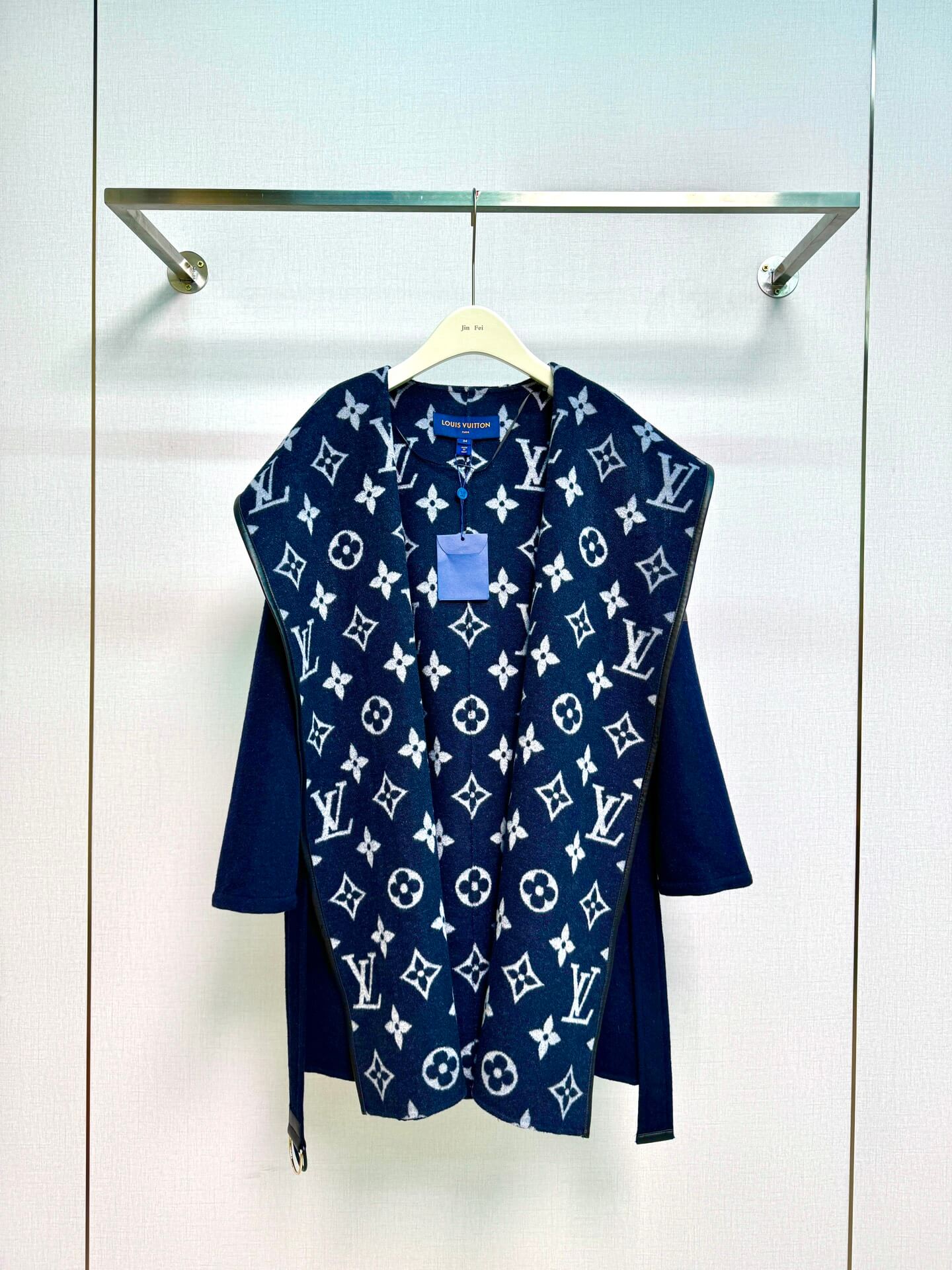 Louis Vuitton Signature Double Face Monogram Belted Wool Wrap Coat in Navy Blue - Image 3