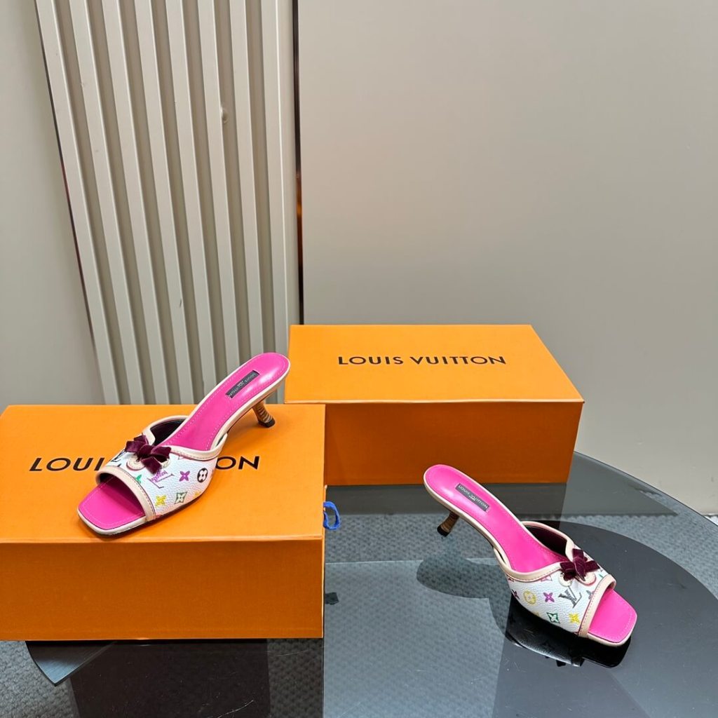 Louis Vuitton Neo Revival Kitten Heel Mule - Monogram Empreinte Leather with Bow - Black with Rose Ballerine