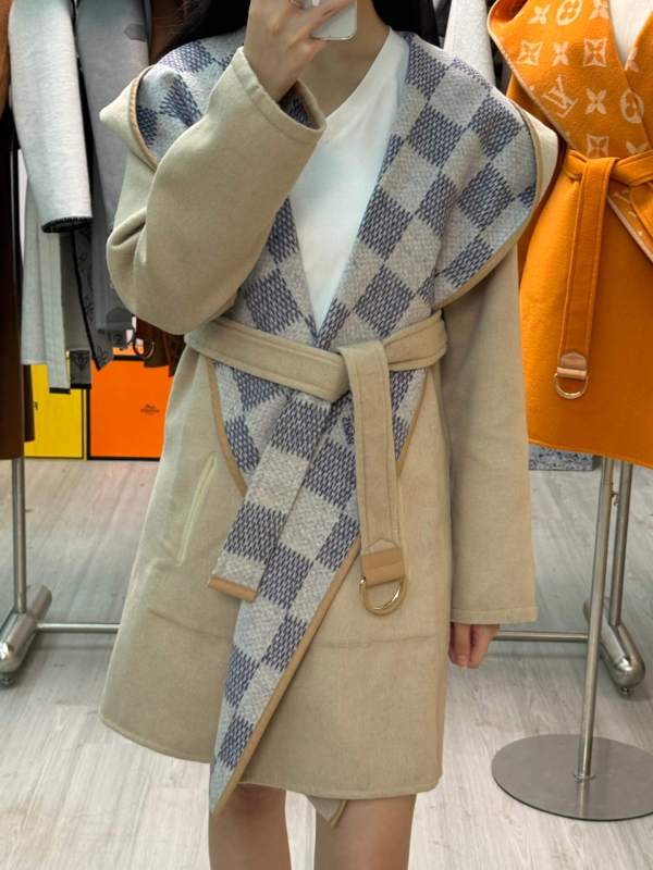 Louis Vuitton Reversible Damier Azur Check Hooded Wrap Coat  in Beige and Grey.