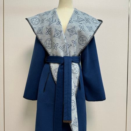 Louis Vuitton Reversible Monogram Hooded Wrap Coat in a deep navy blue shade