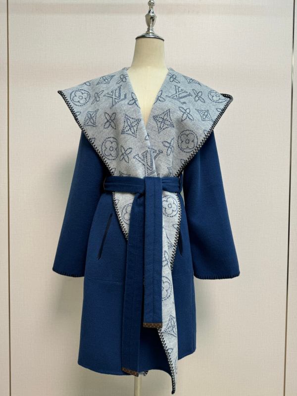 Louis Vuitton Reversible Monogram Hooded Wrap Coat in a deep navy blue shade
