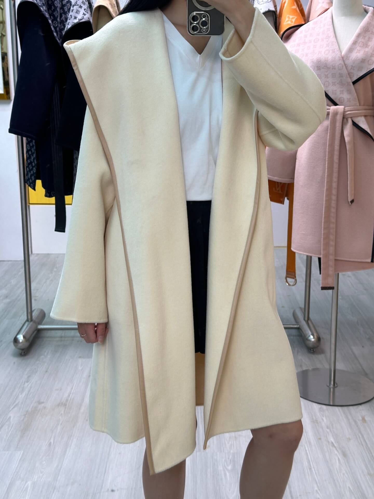 Louis Vuitton Signature Double Face Hooded Wrap Coat with Leather V-Buckle Belt – Cream - Image 7