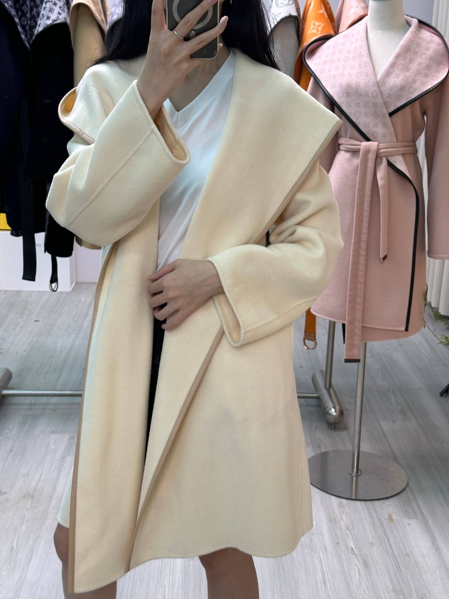 Louis Vuitton Signature Double Face Hooded Wrap Coat with Leather V-Buckle Belt – Cream - Image 9