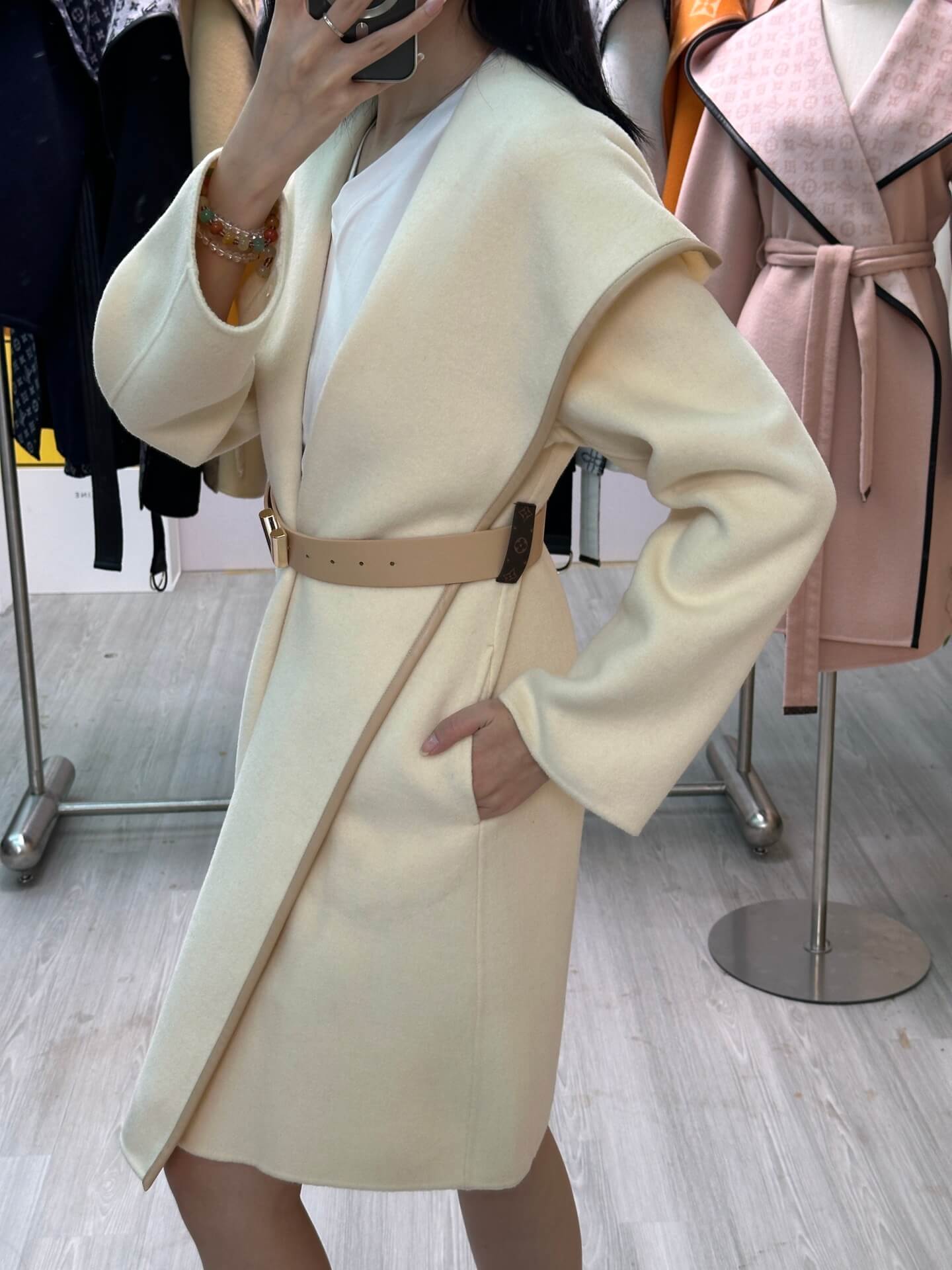 Louis Vuitton Signature Double Face Hooded Wrap Coat with Leather V-Buckle Belt – Cream - Image 8