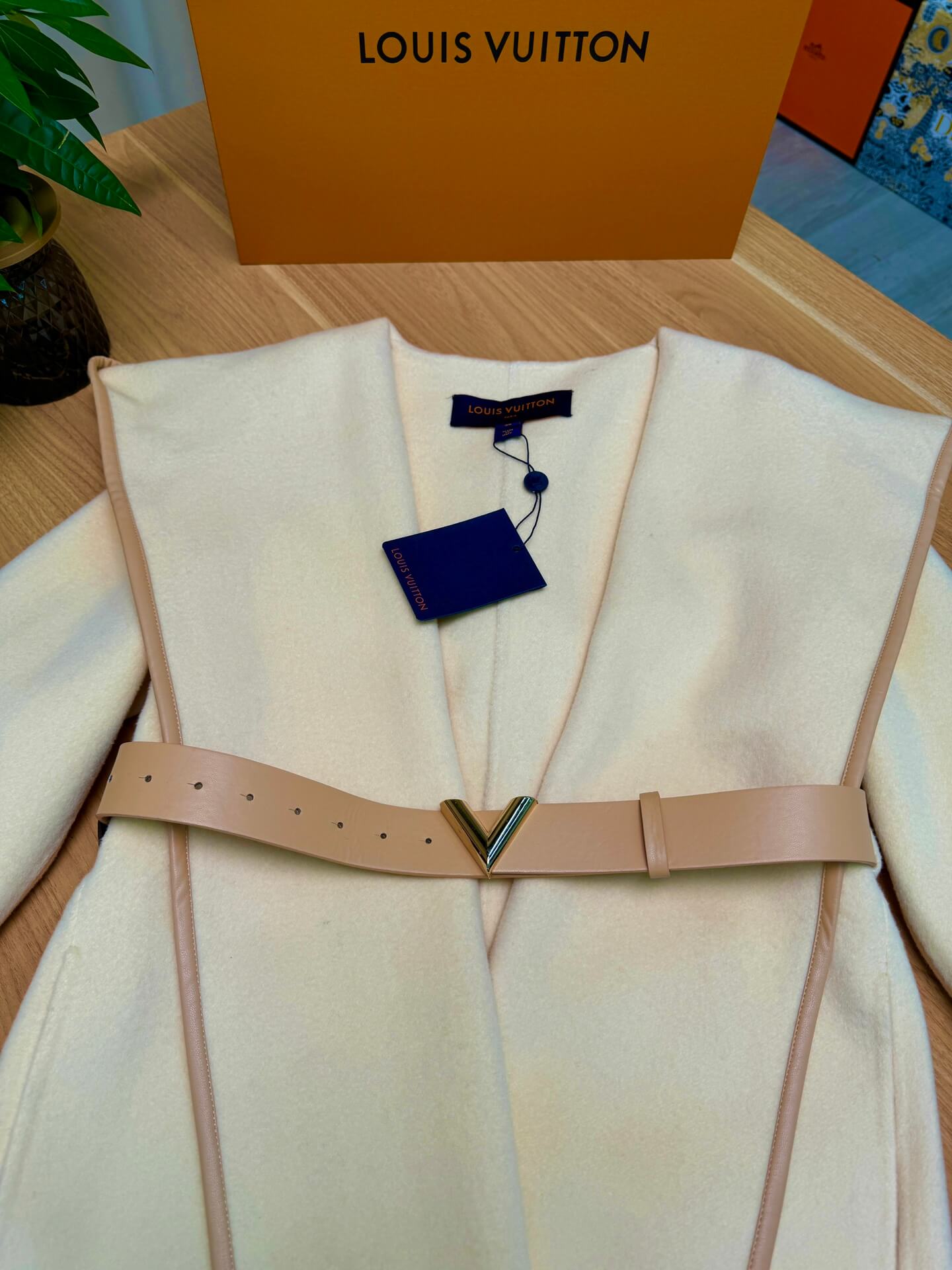 Louis Vuitton Signature Double Face Hooded Wrap Coat with Leather V-Buckle Belt – Cream - Image 5