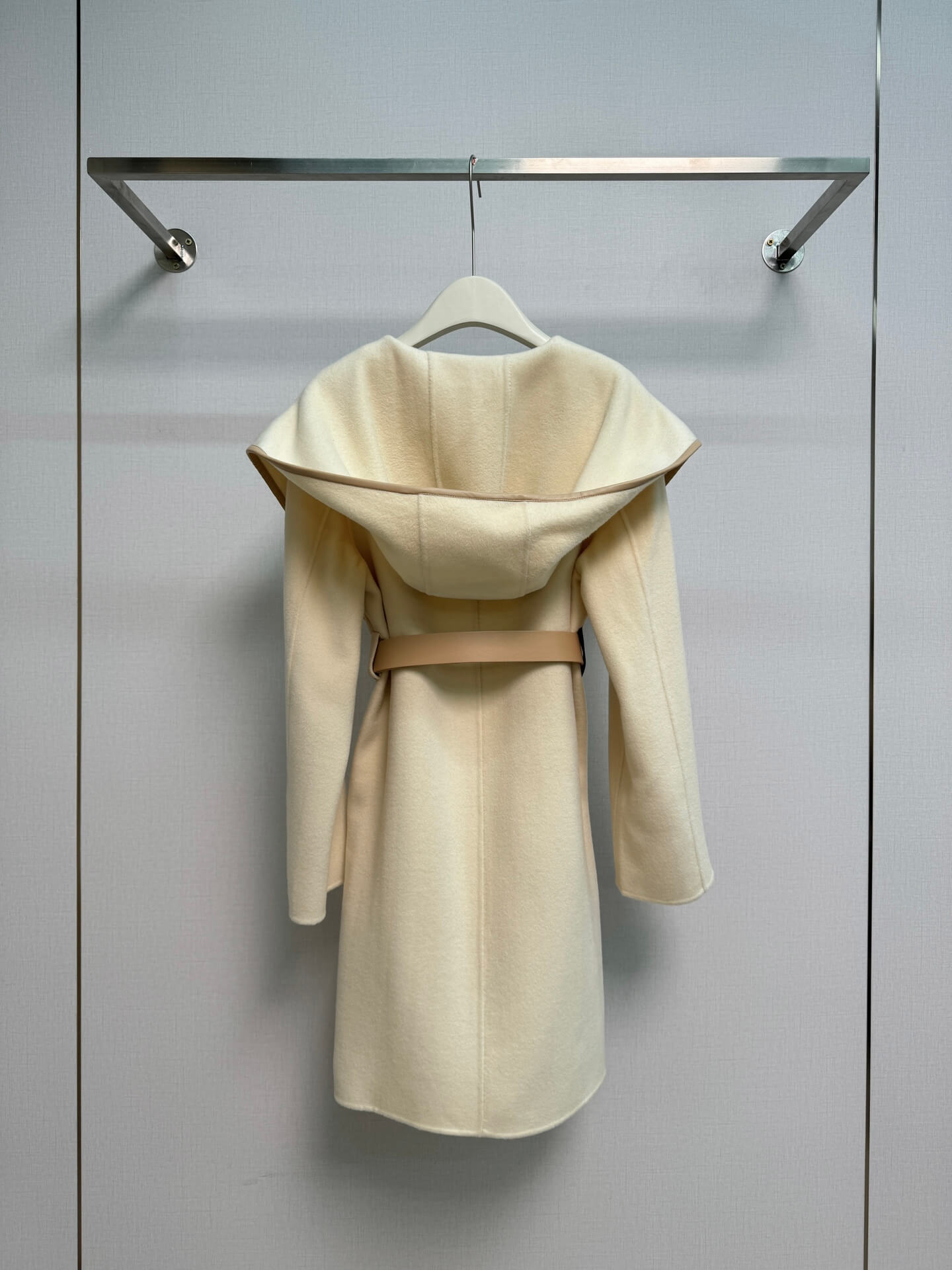 Louis Vuitton Signature Double Face Hooded Wrap Coat with Leather V-Buckle Belt – Cream - Image 4