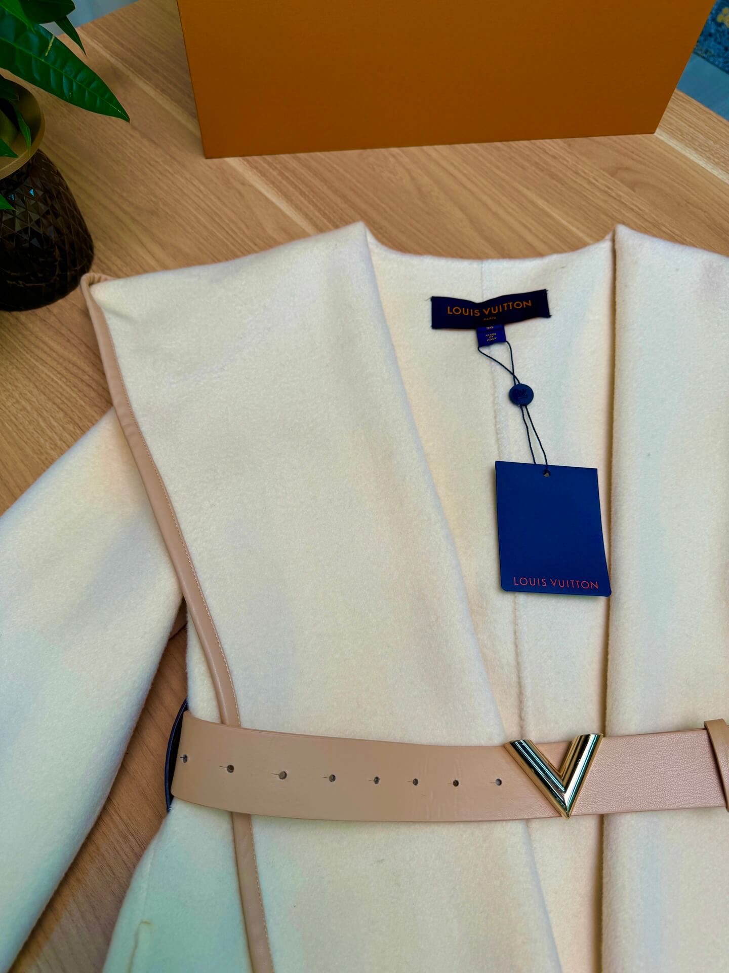 Louis Vuitton Signature Double Face Hooded Wrap Coat with Leather V-Buckle Belt – Cream - Image 3