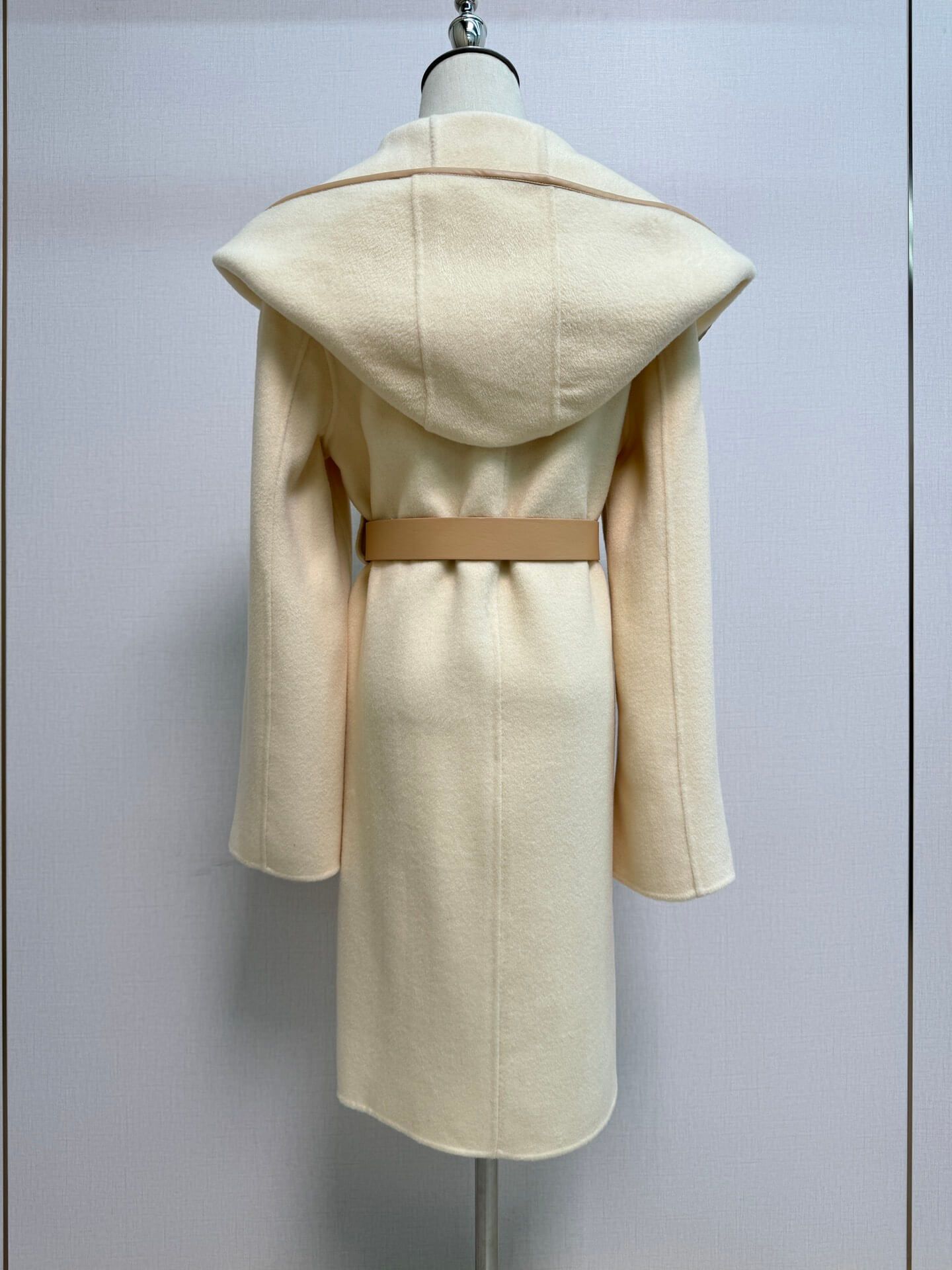 Louis Vuitton Signature Double Face Hooded Wrap Coat with Leather V-Buckle Belt – Cream - Image 11