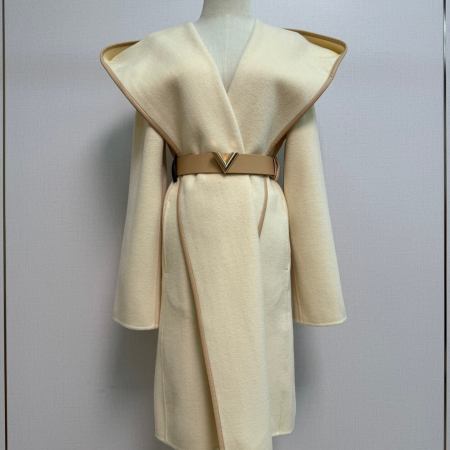 Louis Vuitton Signature Double Face Hooded Wrap Coat with Leather V-Buckle Belt – Cream