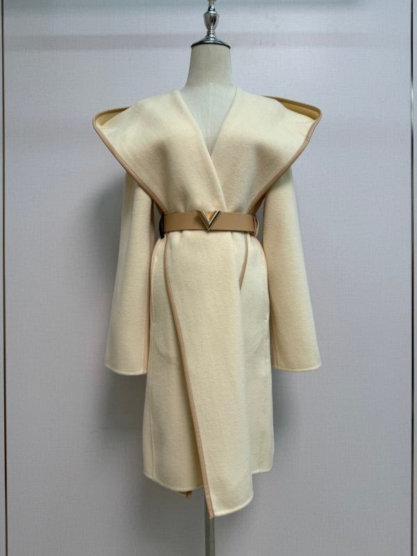 Louis Vuitton Signature Double Face Hooded Wrap Coat with Leather V-Buckle Belt – Cream