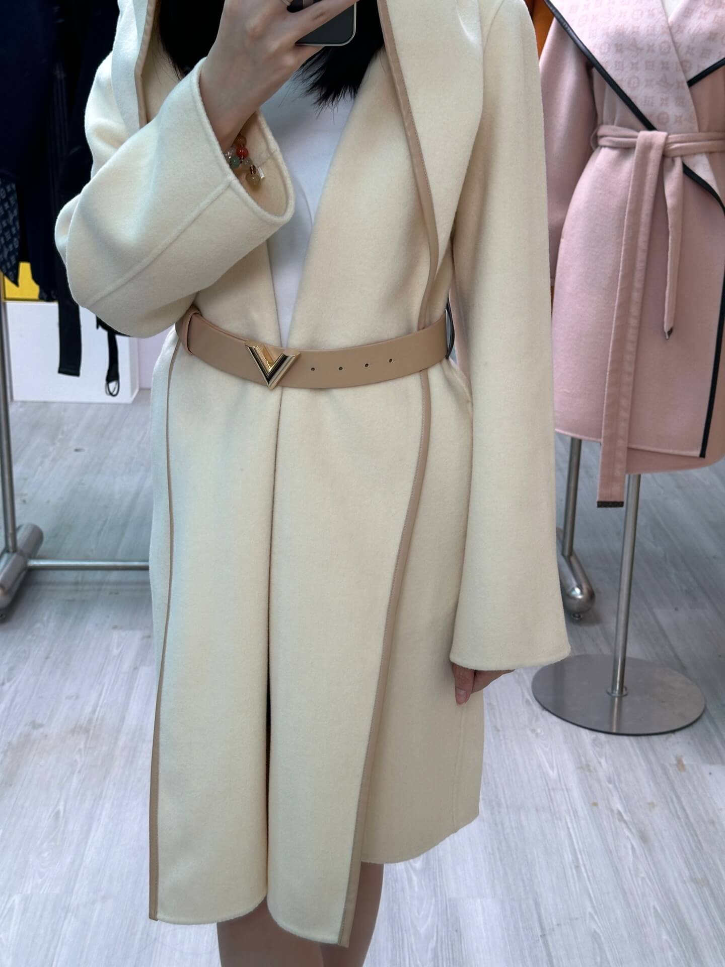 Louis Vuitton Signature Double Face Hooded Wrap Coat with Leather V-Buckle Belt – Cream - Image 10