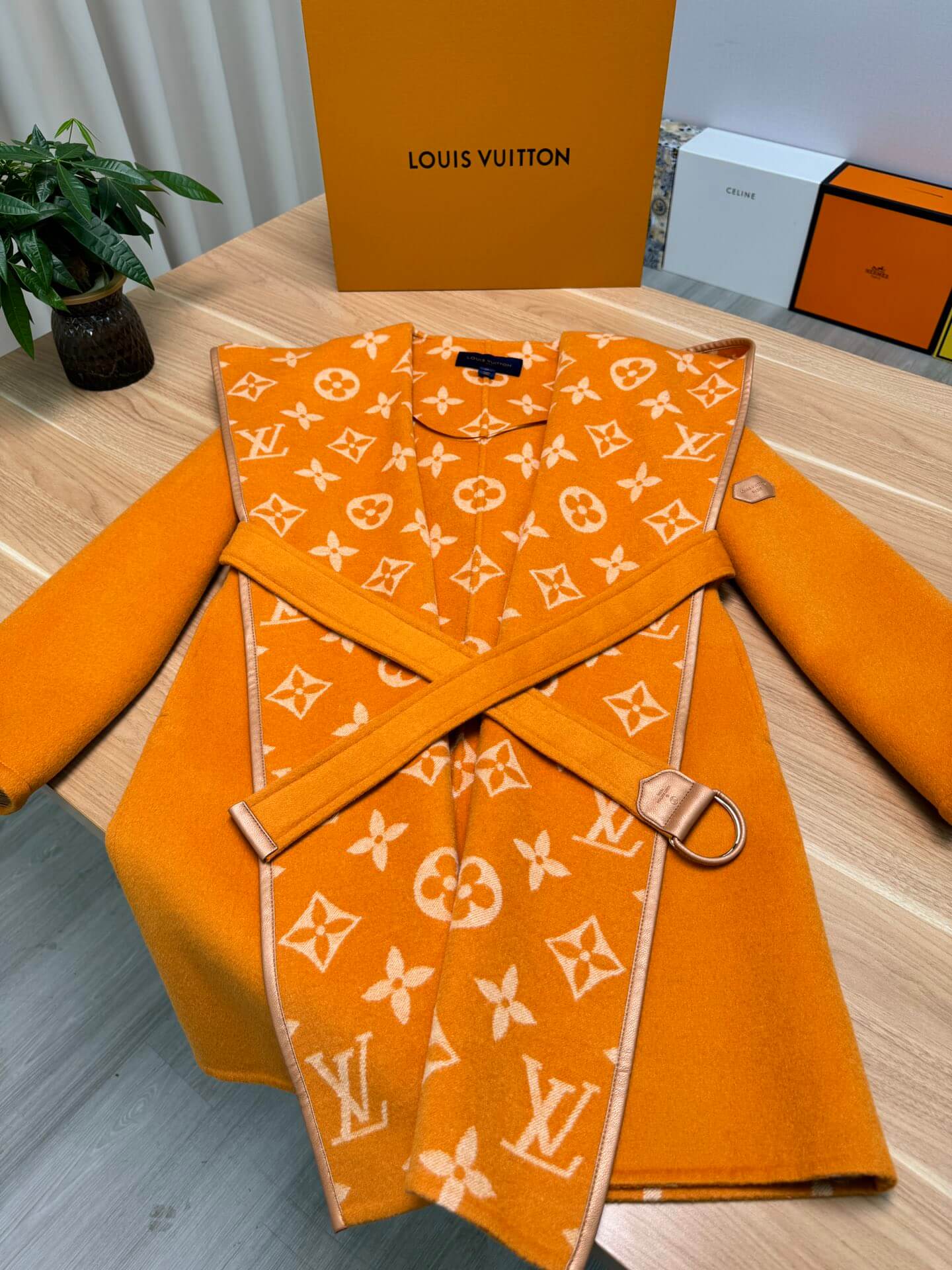 Louis Vuitton Signature Double Face Monogram Wrap Coat in Mustard Orange - Image 12