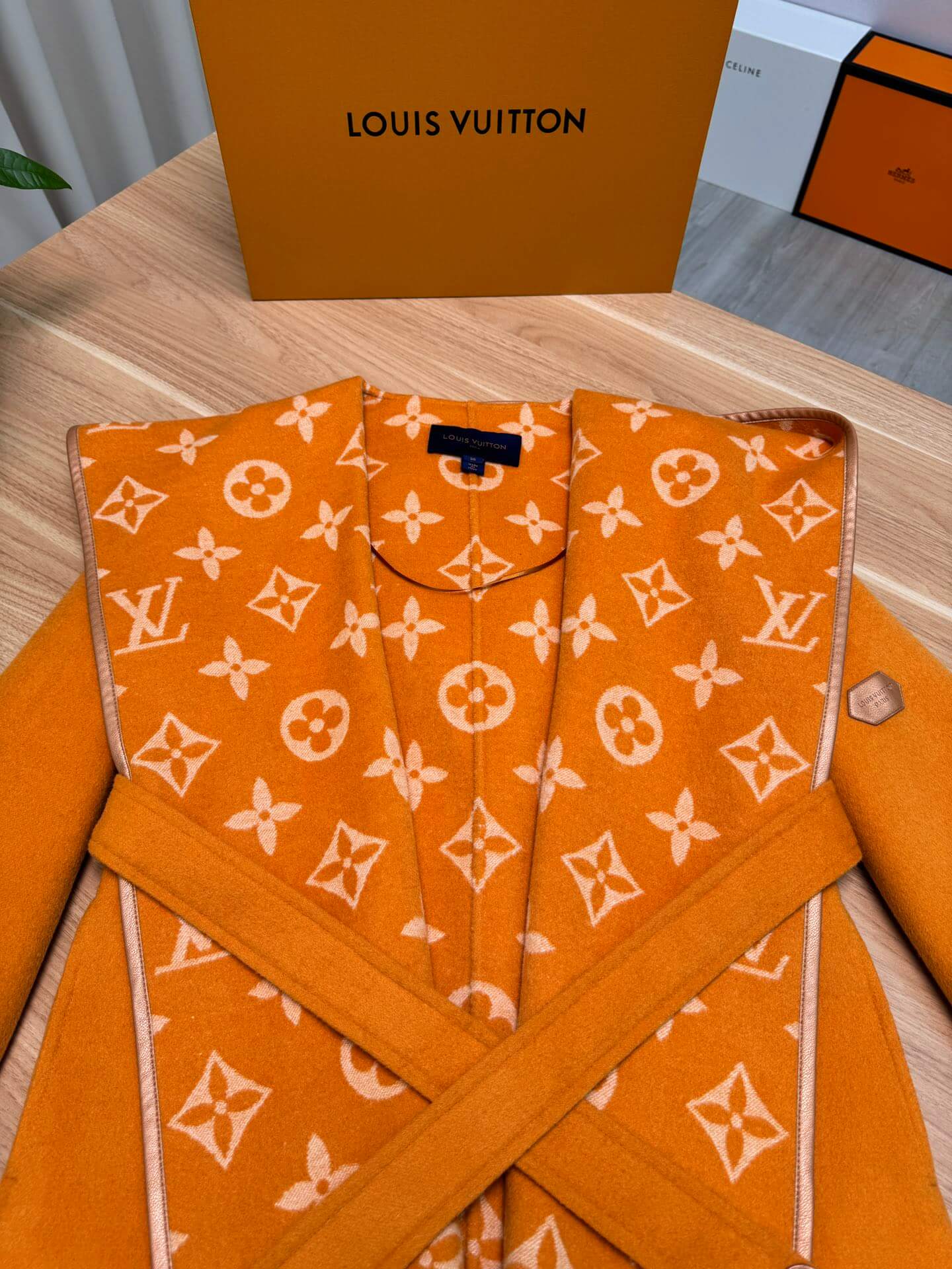 Louis Vuitton Signature Double Face Monogram Wrap Coat in Mustard Orange - Image 11