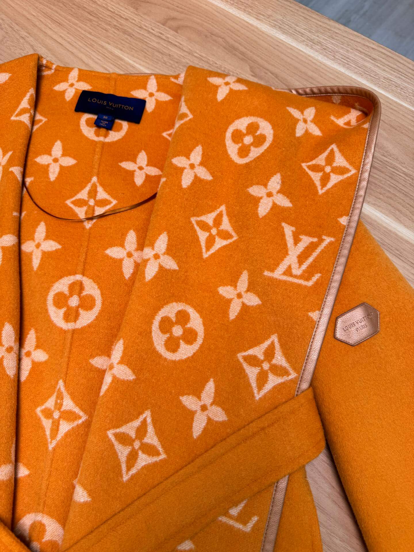 Louis Vuitton Signature Double Face Monogram Wrap Coat in Mustard Orange - Image 9